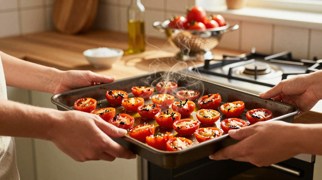 Duas pessoas seguram um tabuleiro com tomates assados fumegantes numa cozinha iluminada.