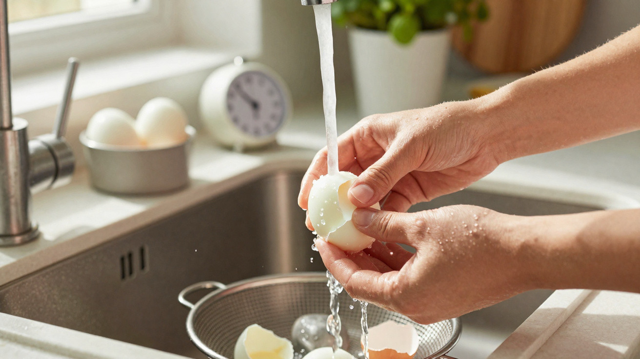 Mãos a descascar um ovo cozido debaixo de água corrente numa cozinha com pia e utensílios.