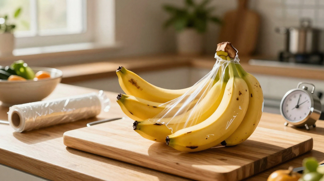 Cacho de bananas parcialmente coberto por película aderente numa tábua de cozinha iluminada por luz natural.
