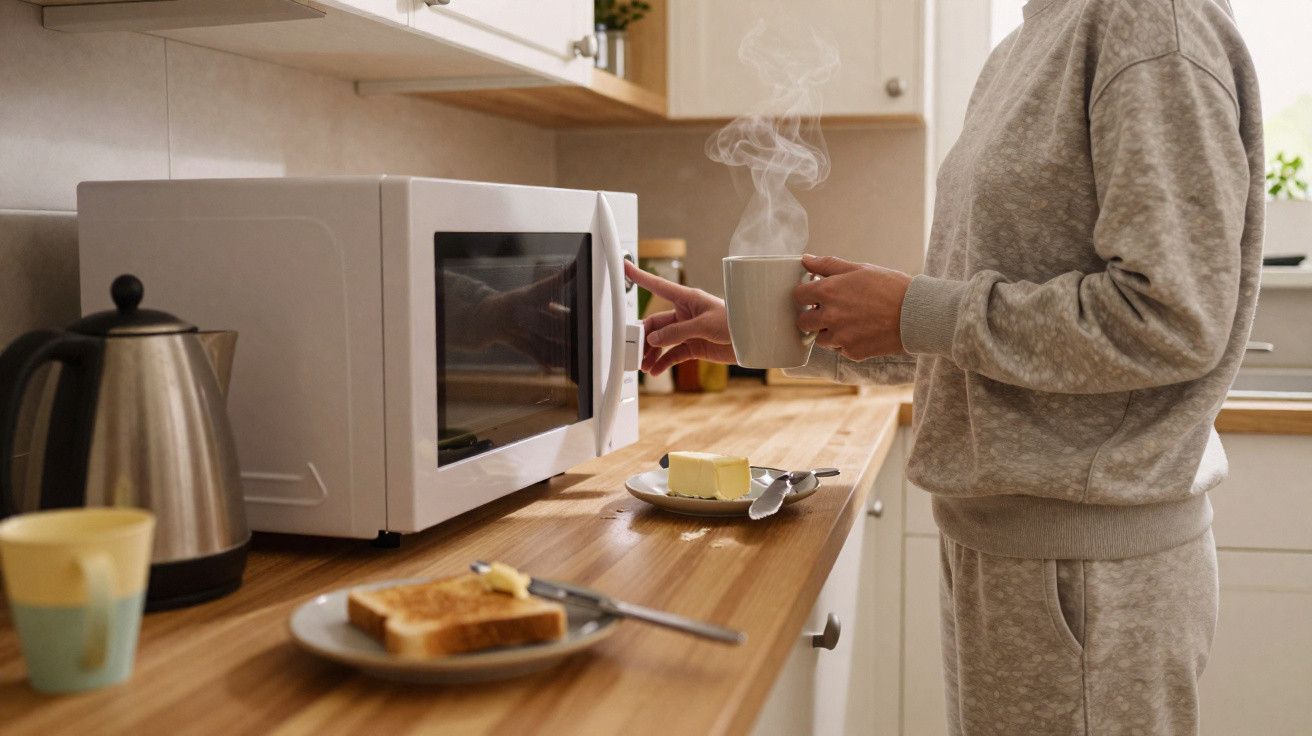 Pessoa em roupa confortável a usar micro-ondas na cozinha, segurando chá quente com torrada e manteiga na bancada.
