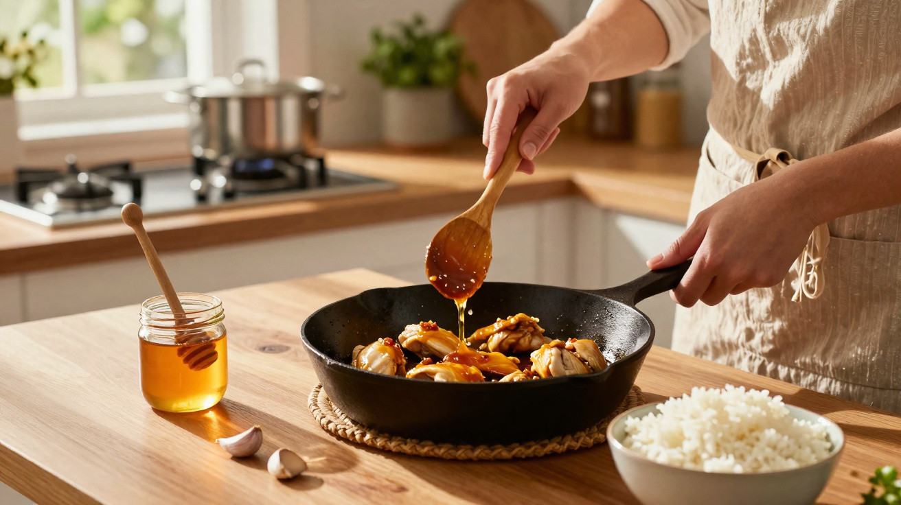 Pessoa a temperar frango numa frigideira com mel, com arroz e dentes de alho na bancada da cozinha.