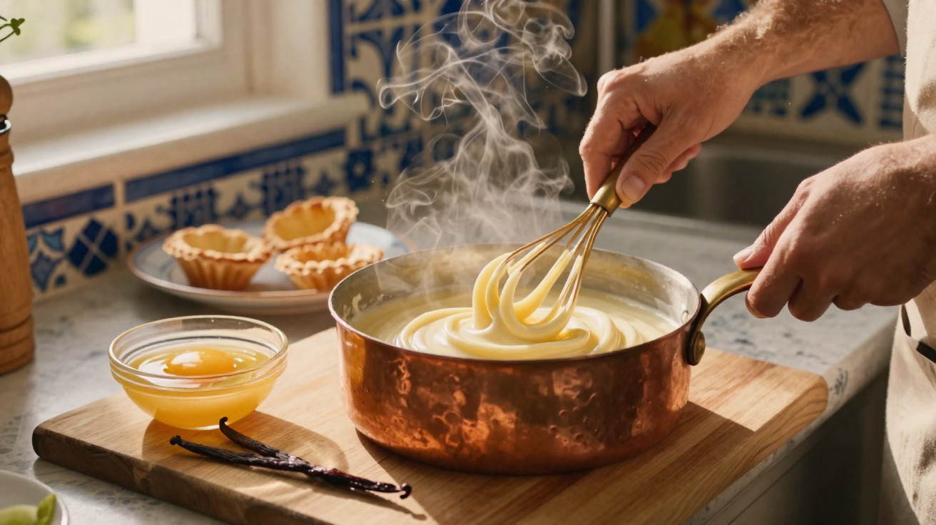 Pessoa a mexer creme quente numa panela de cobre numa cozinha com ingredientes para sobremesa à vista.