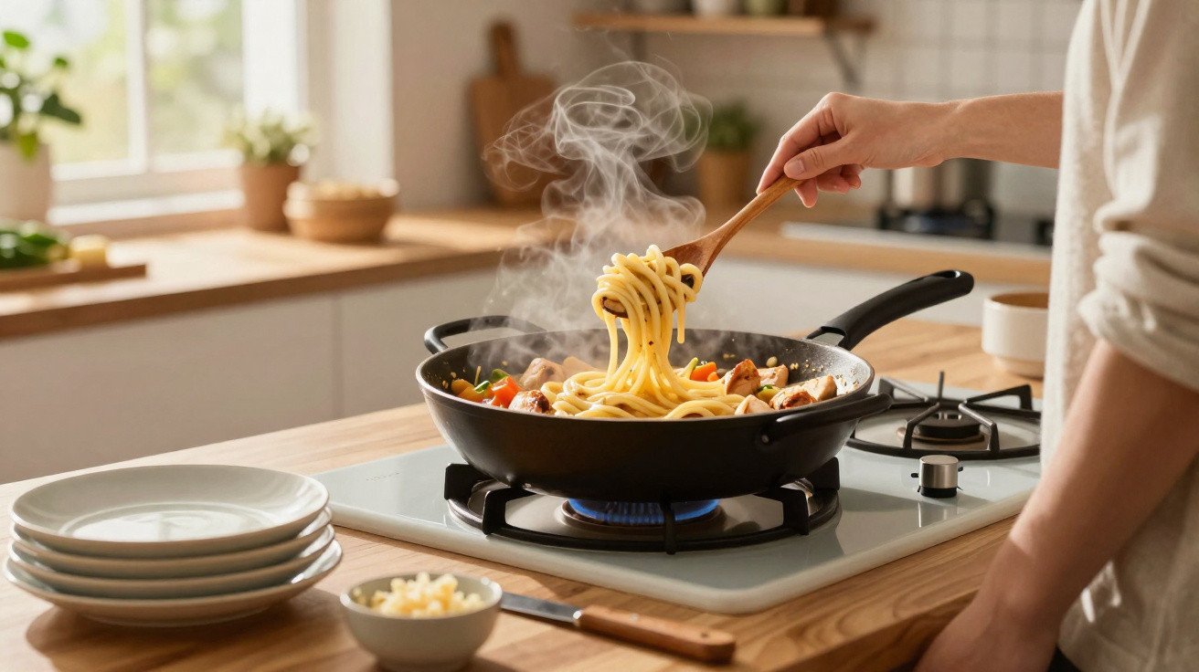 Pessoa a mexer esparguete com legumes e carne numa frigideira quente numa cozinha moderna.