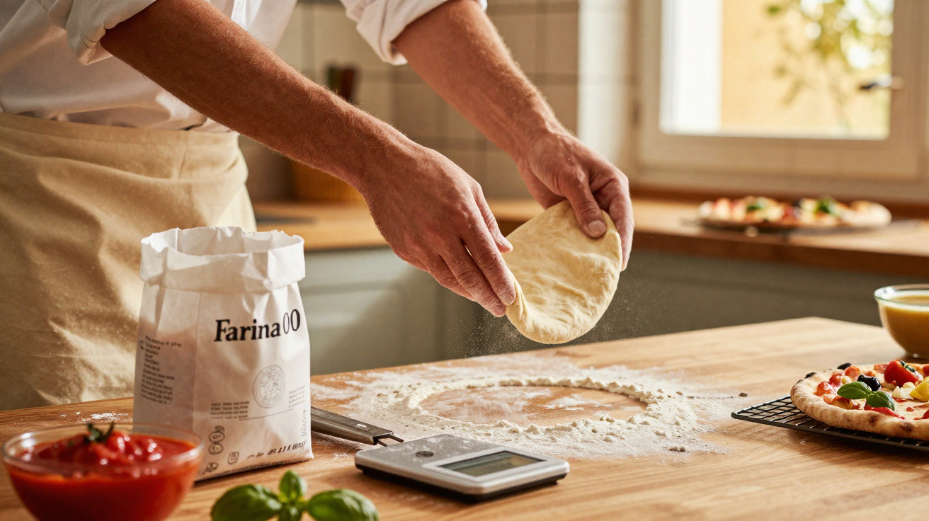 Pessoa a esticar massa de pizza com farinha sobre bancada de madeira numa cozinha iluminada.