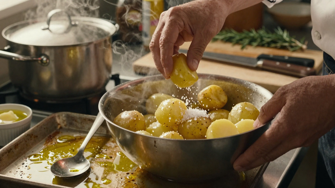 Mãos a temperar batatas cozidas com sal e limão numa tigela metálica numa cozinha doméstica.