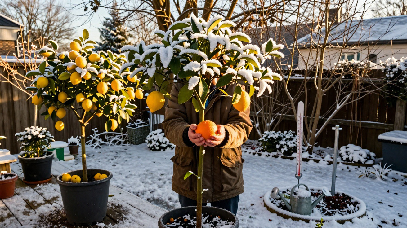 Pessoa segura laranja junto a árvore de citrinos com folhas e frutos cobertos de neve num jardim nevado.