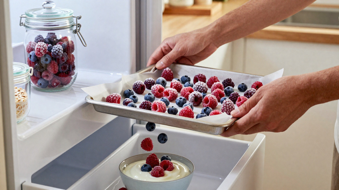 Pessoa a colocar tabuleiro com frutos vermelhos congelados na despensa do frigorífico, tigela com iogurte abaixo.