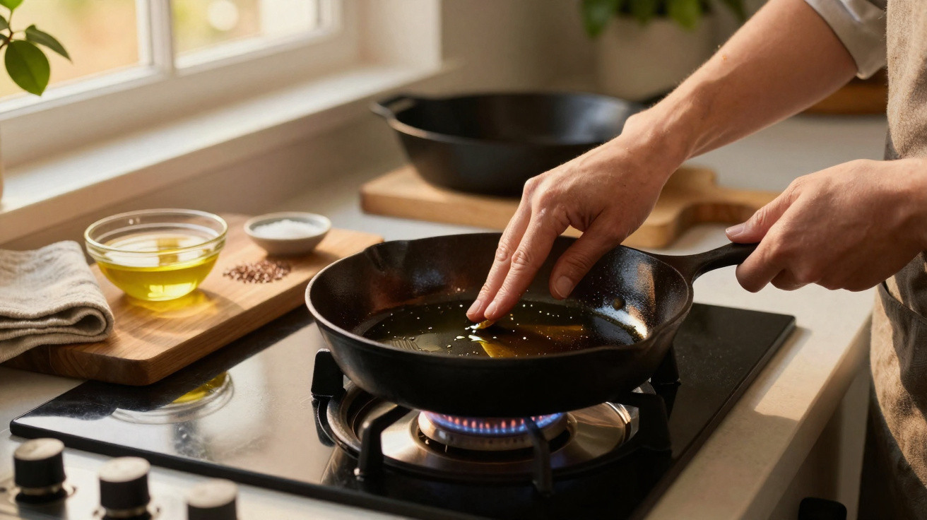 Pessoa a aquecer azeite numa frigideira preta sobre fogão a gás numa cozinha iluminada pela luz natural.