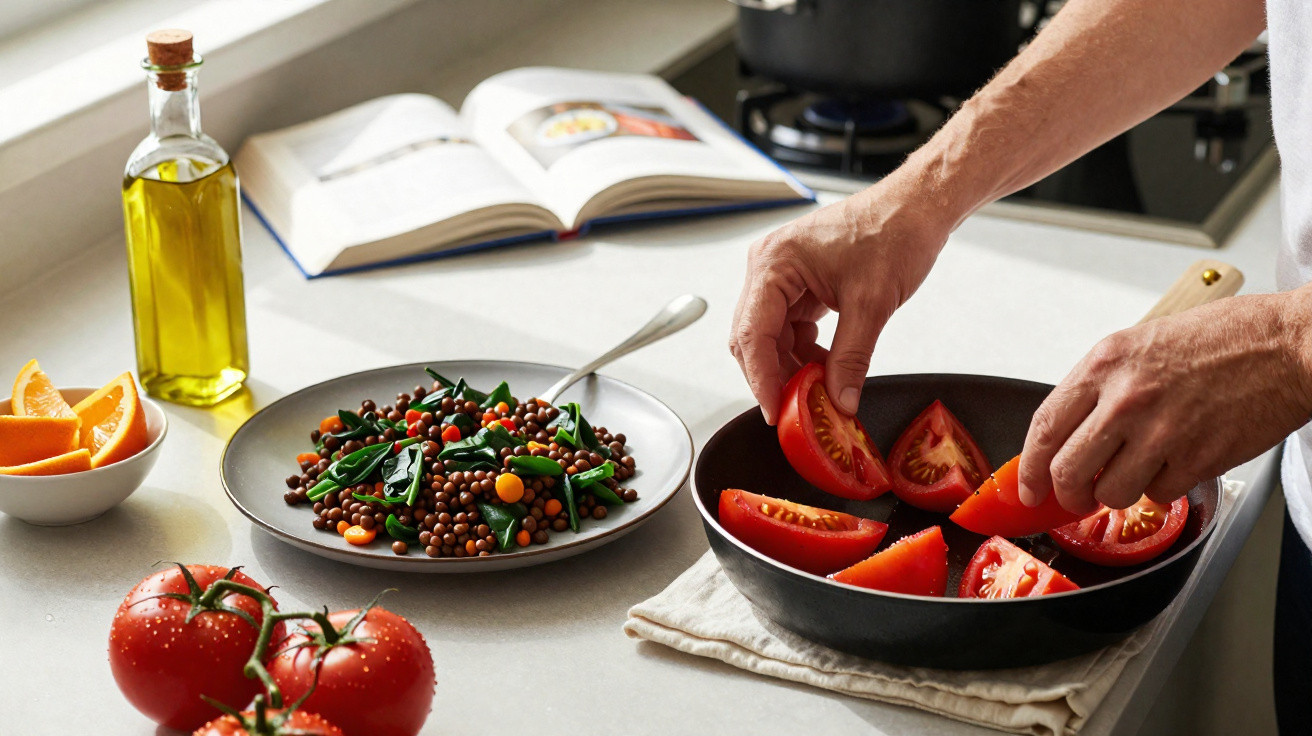Mãos a preparar salada com pedaços de tomate num tacho, feijão, ervilhas e cenoura num prato, azeite e livro de receitas.