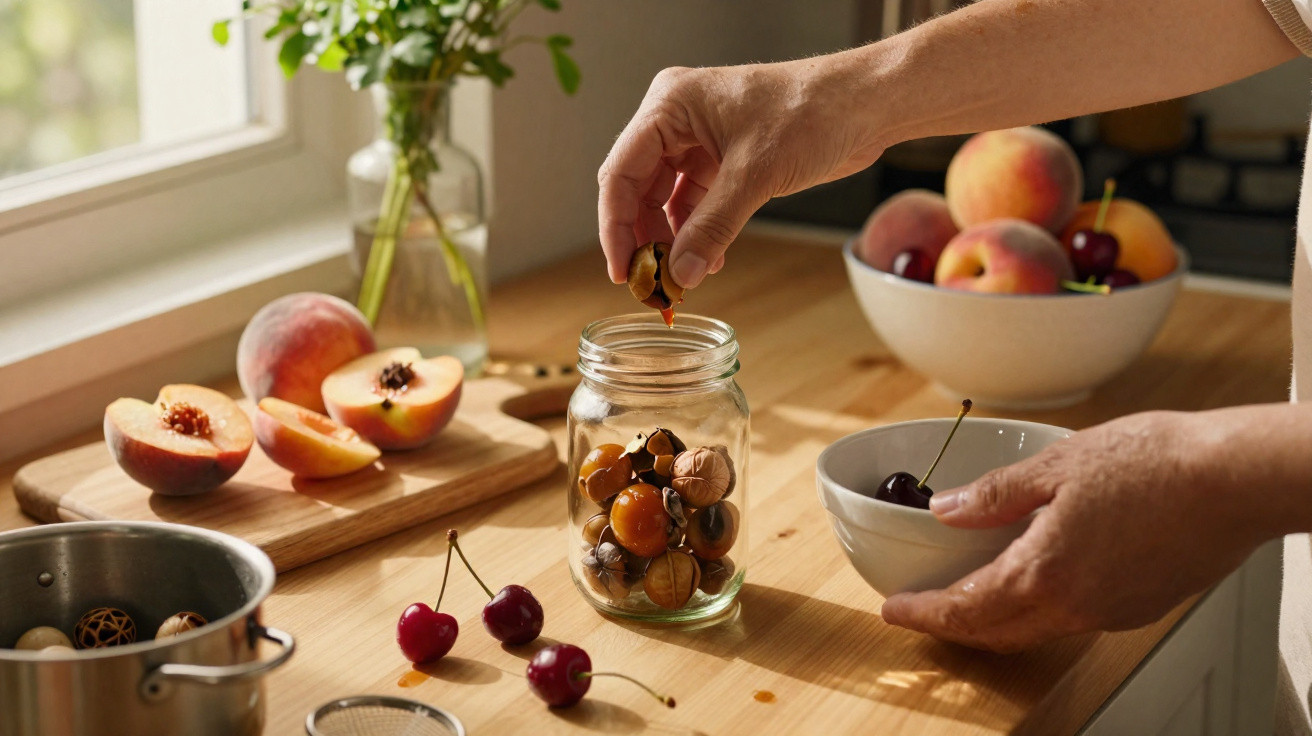 Mãos a colocar bagas e frutos secos num frasco de vidro numa cozinha com pêssegos e cerejas sobre a mesa.