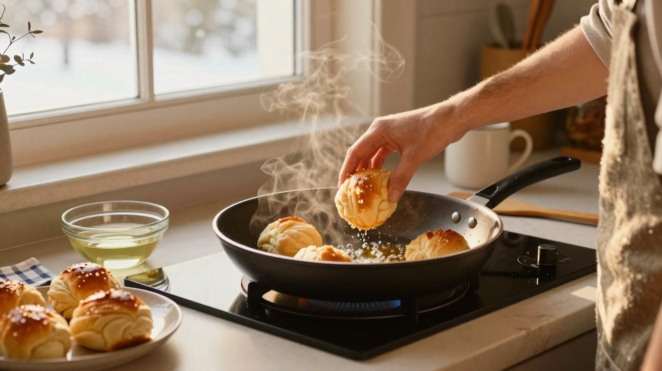 Mão a colocar pão na frigideira sobre fogão, com vapor a sair e janela ao fundo iluminada.