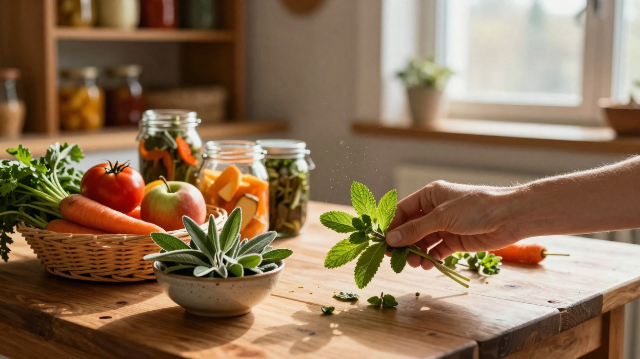 Mão a segurar ervas frescas sobre mesa de madeira com vegetais, maçã e frascos com legumes em conserva.