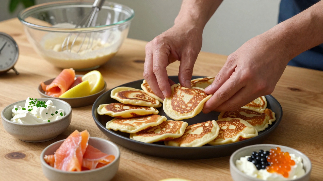 Prato com blinis caseiros e taças com salmão fumado, natas azedas e caviar sobre mesa de madeira.