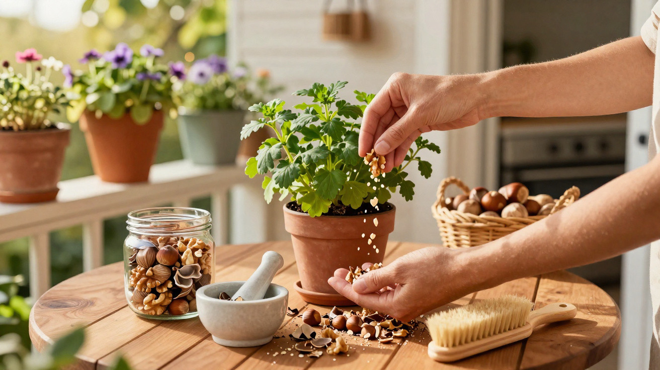 Mãos a semear sementes num vaso de planta sobre mesa de madeira com frutos secos e utensílios.