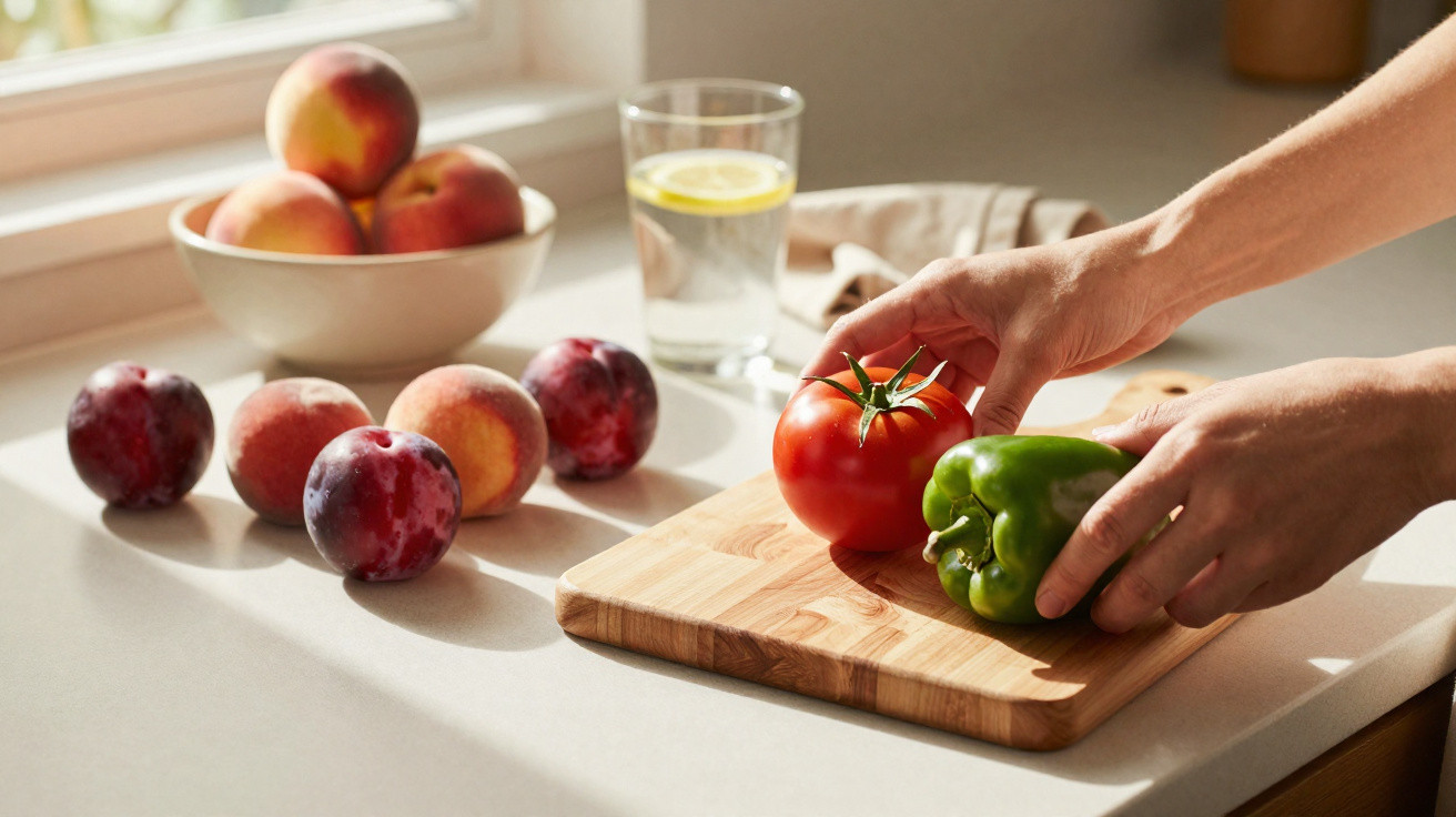 Mãos a preparar tomate e pimento verde numa tábua de madeira com pêssegos e ameixas ao fundo.