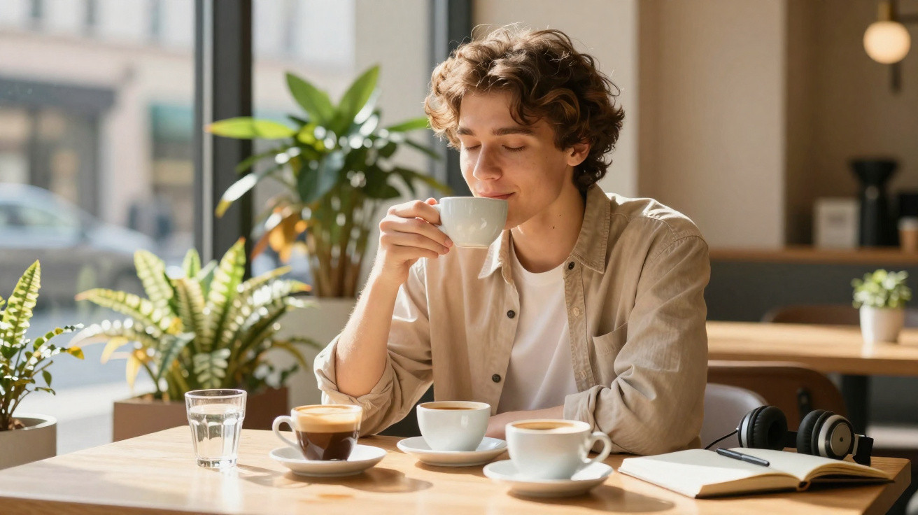 Jovem sentado numa mesa de café, a saborear uma chávena de café, com plantas e livros ao fundo.