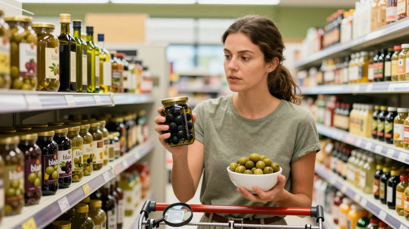 Mulher segura frasco de azeitonas pretas e taça com azeitonas verdes num supermercado entre prateleiras.