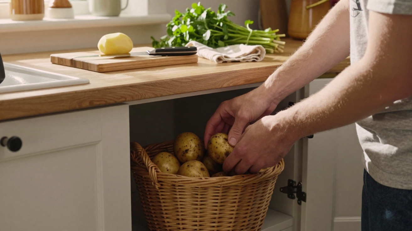 Pessoa a guardar batatas num cesto de vime em armário de cozinha com batata descascada na bancada.