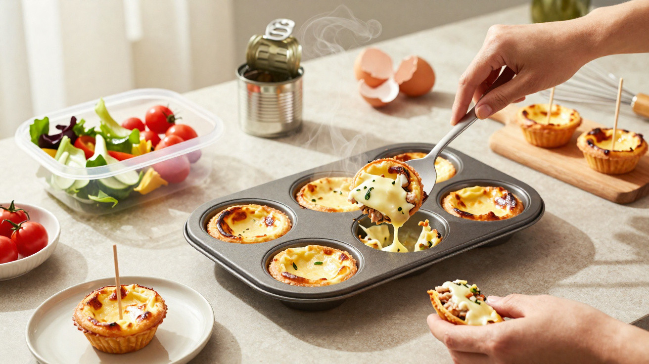 Pessoa a retirar pastel de nata quente de forma metálica com colher, com salada e ovos na mesa.