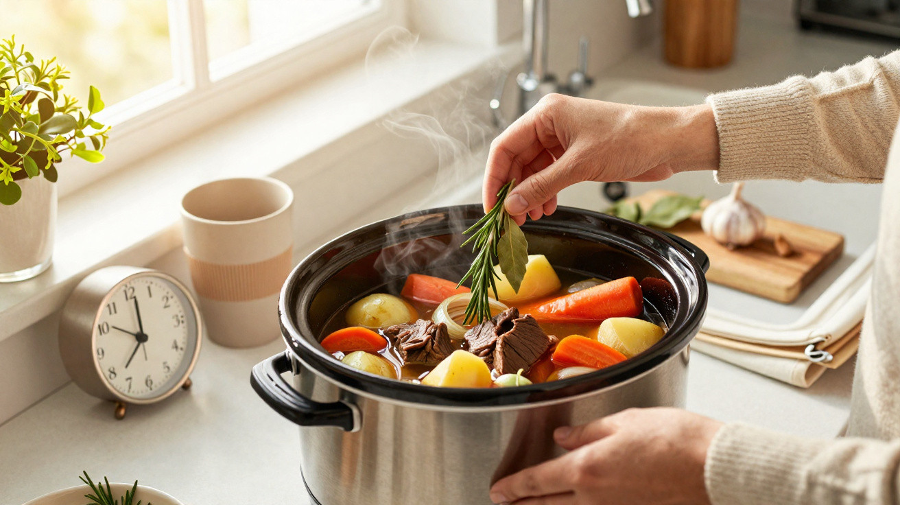 Pessoa a cozinhar ensopado de carne com batatas e legumes numa panela elétrica na cozinha.