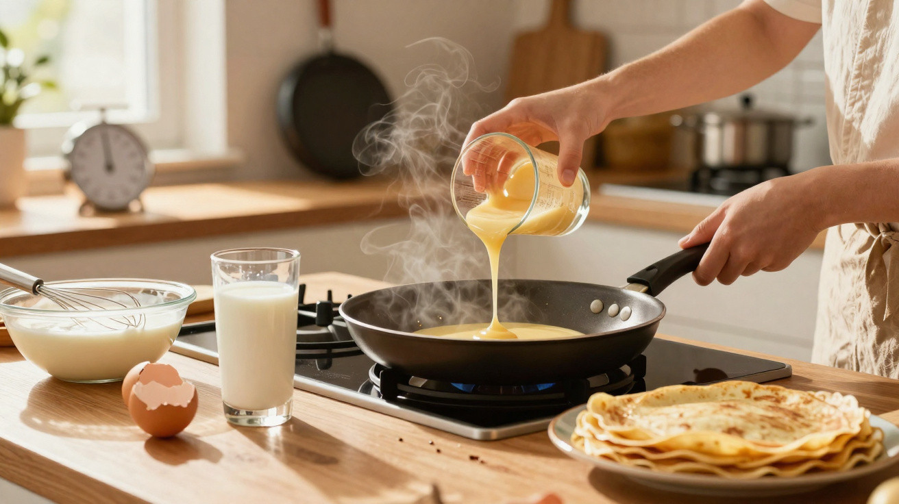Pessoa a verter mistura de ovos para frigideira quente numa cozinha com ingredientes e crepes ao lado.