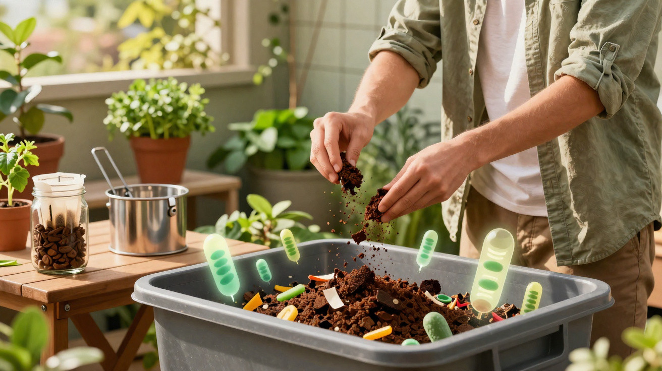 Pessoa a mexer terra num tabuleiro de compostagem com plantas ao redor e ilustrações digitais de microrganismos.