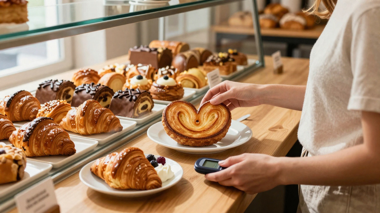 Pessoa a escolher pastelaria num café, com croissants e doces variados numa montra de vidro.