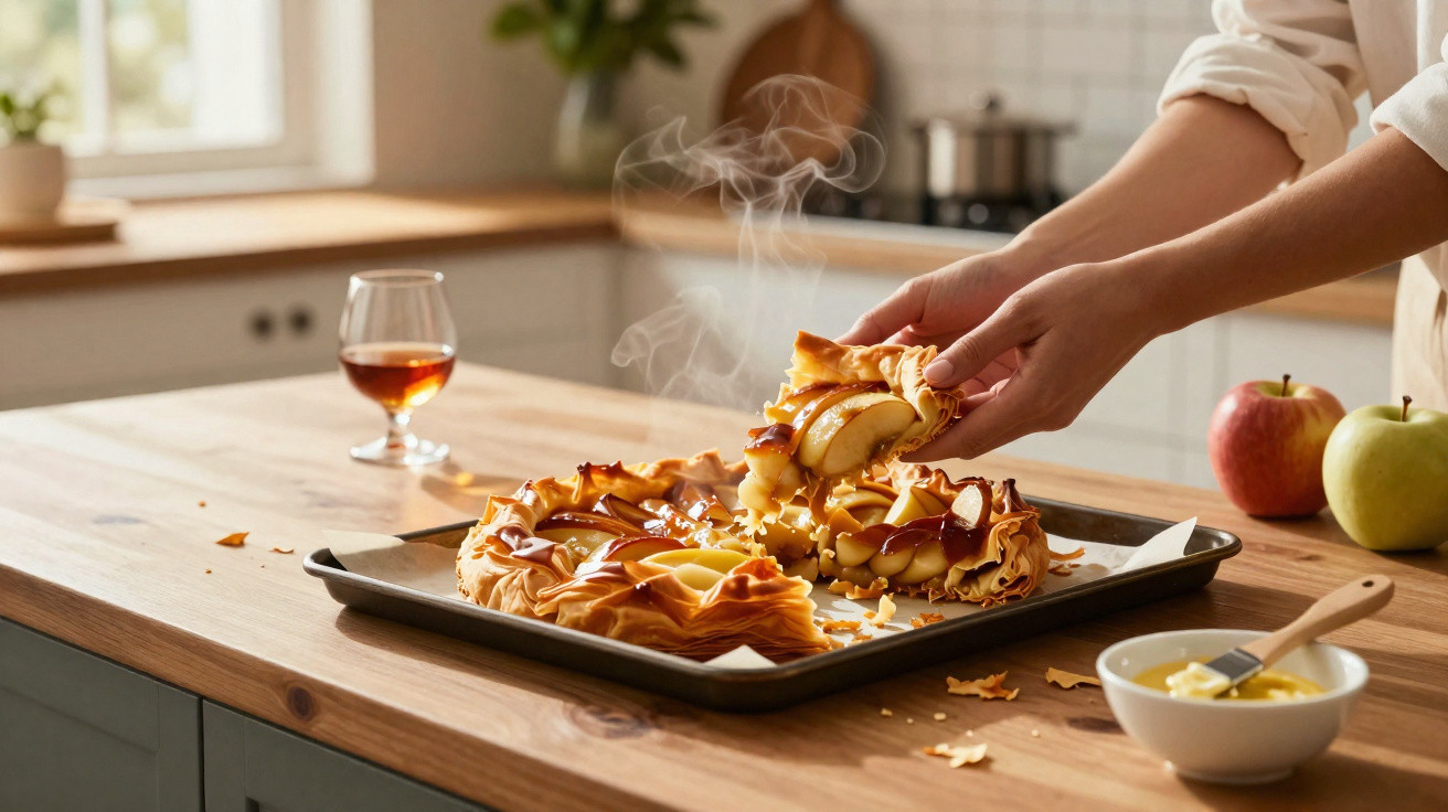 Pessoa a retirar fatia de tarte de maçã quente fumegante numa cozinha luminosa.