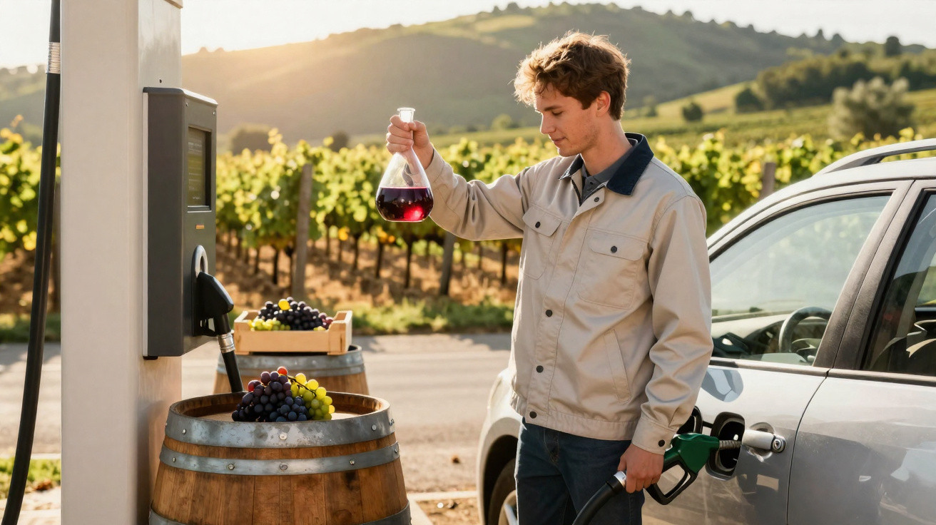 Homem numa vinha abastece o carro com uvas e vinho num posto de combustível rural ao pôr do sol.