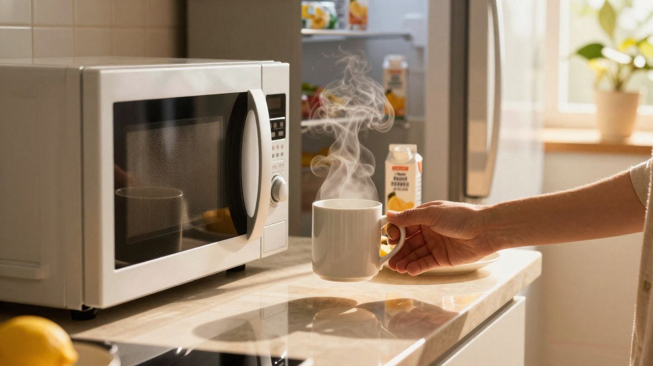 Mão a retirar caneca fumegante junto a micro-ondas numa cozinha iluminada pelo sol.
