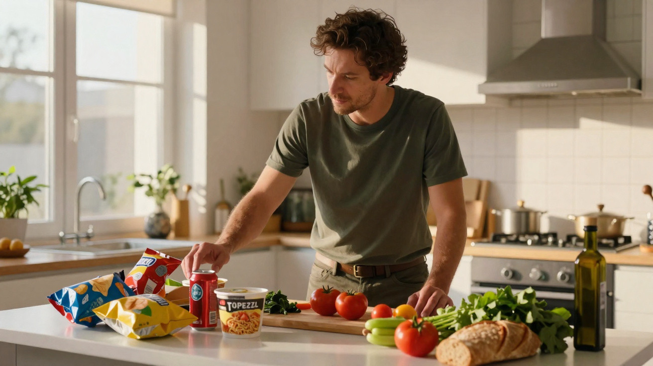 Homem prepara refeição na cozinha com legumes, pão, sumo, batatas fritas e azeite à sua frente.