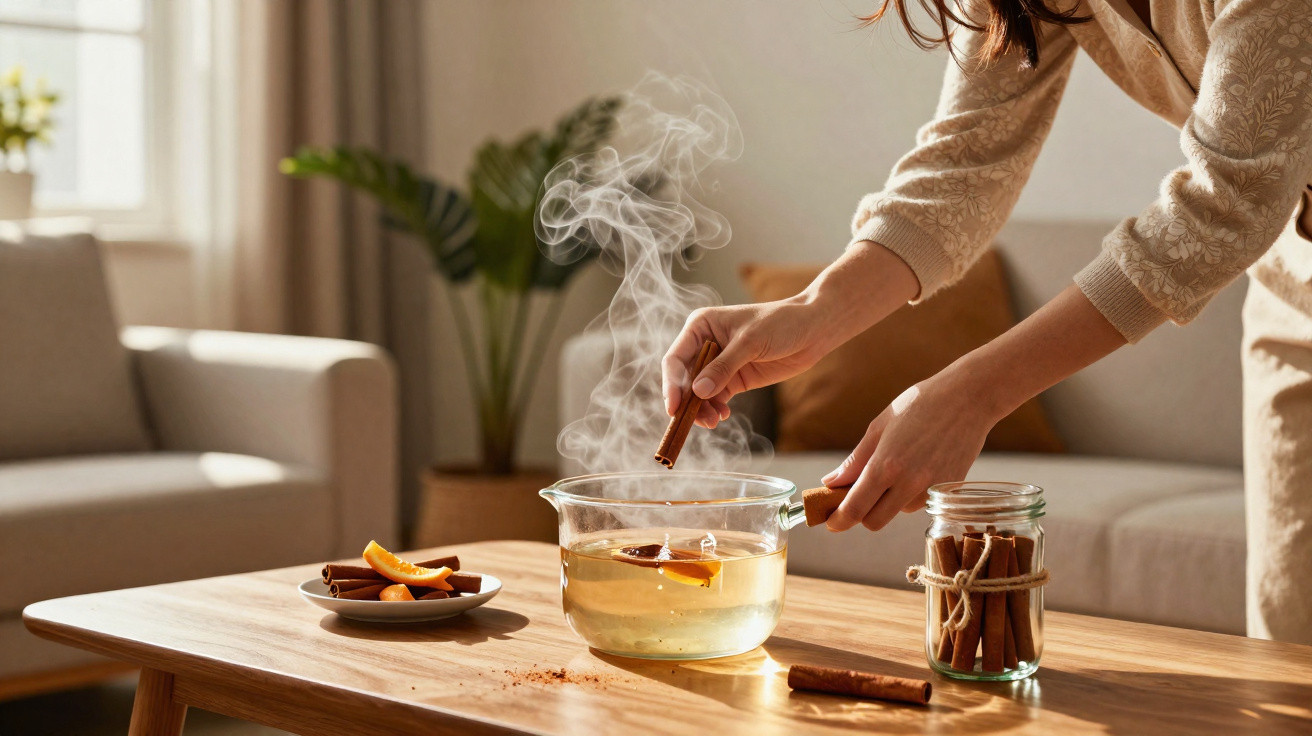 Pessoa a colocar paus de canela numa chávena com infusão a ferver numa sala de estar moderna.