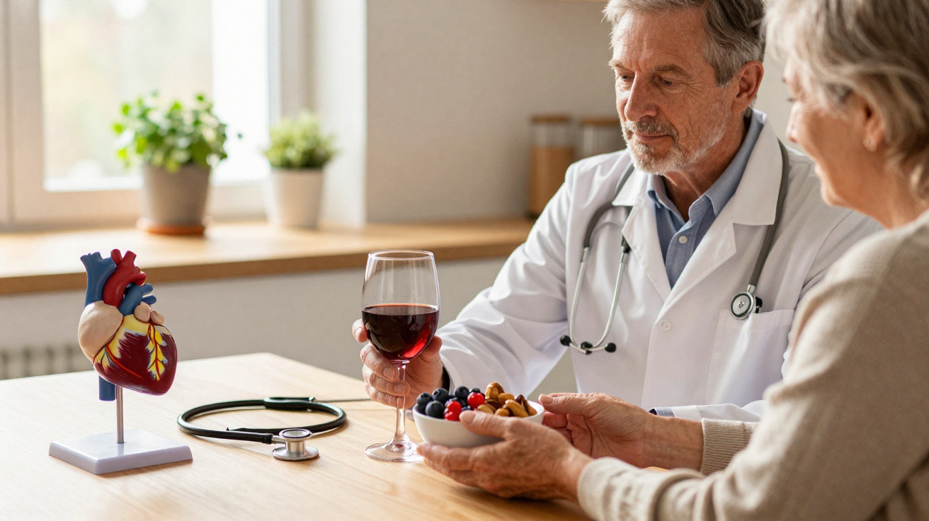 Médico conversa com idosa e segura copo de vinho, com modelo de coração e estetoscópio na mesa.