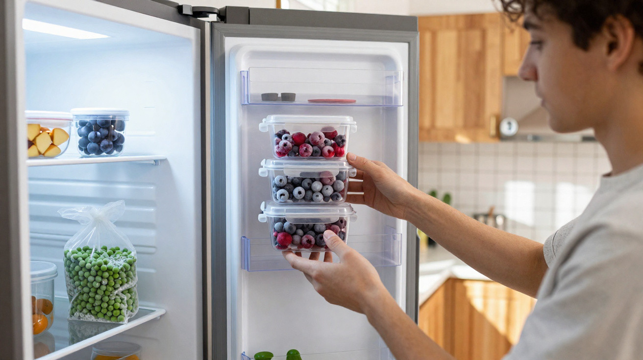 Pessoa a organizar caixas transparentes com frutos vermelhos e mirtilos no frigorífico aberto.