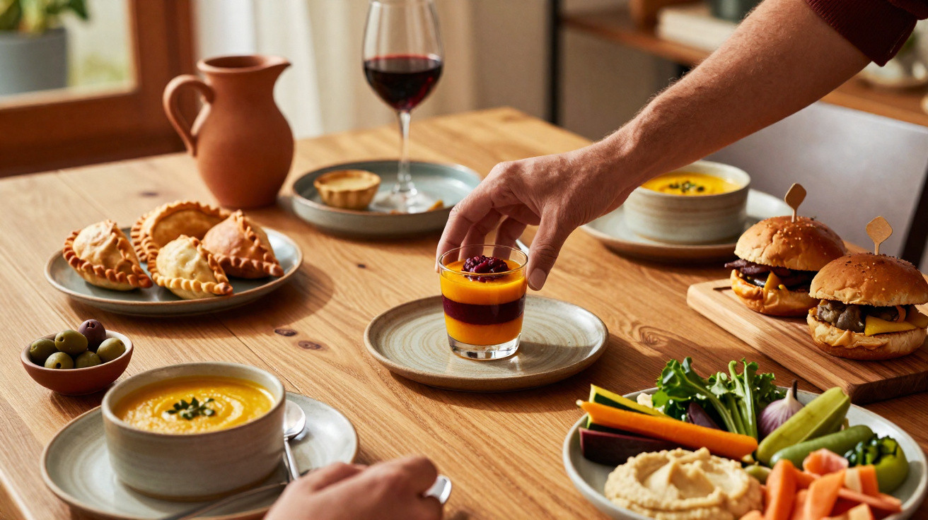 Mesa com sopa, empadas, hambúrgueres, legumes, molho, azeitonas e um copo de sobremesa sendo alcançado por uma mão.