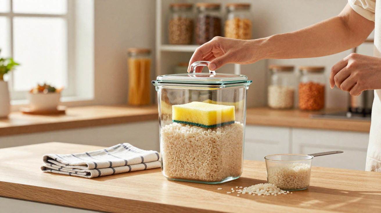 Pessoa a colocar tampa em recipiente de vidro com arroz e esponja na cozinha.