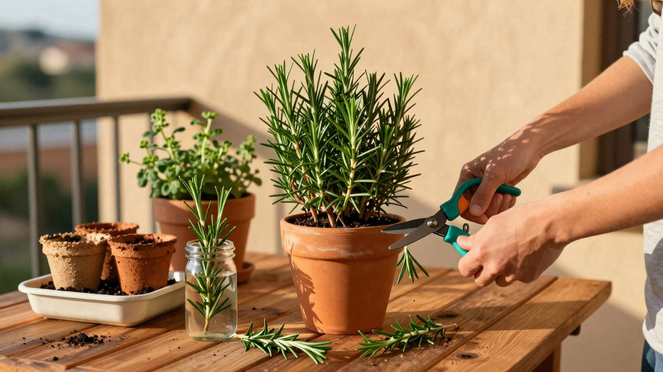 Pessoa a podar ramo de alecrim numa varanda com vasos de plantas aromáticas numa mesa de madeira.