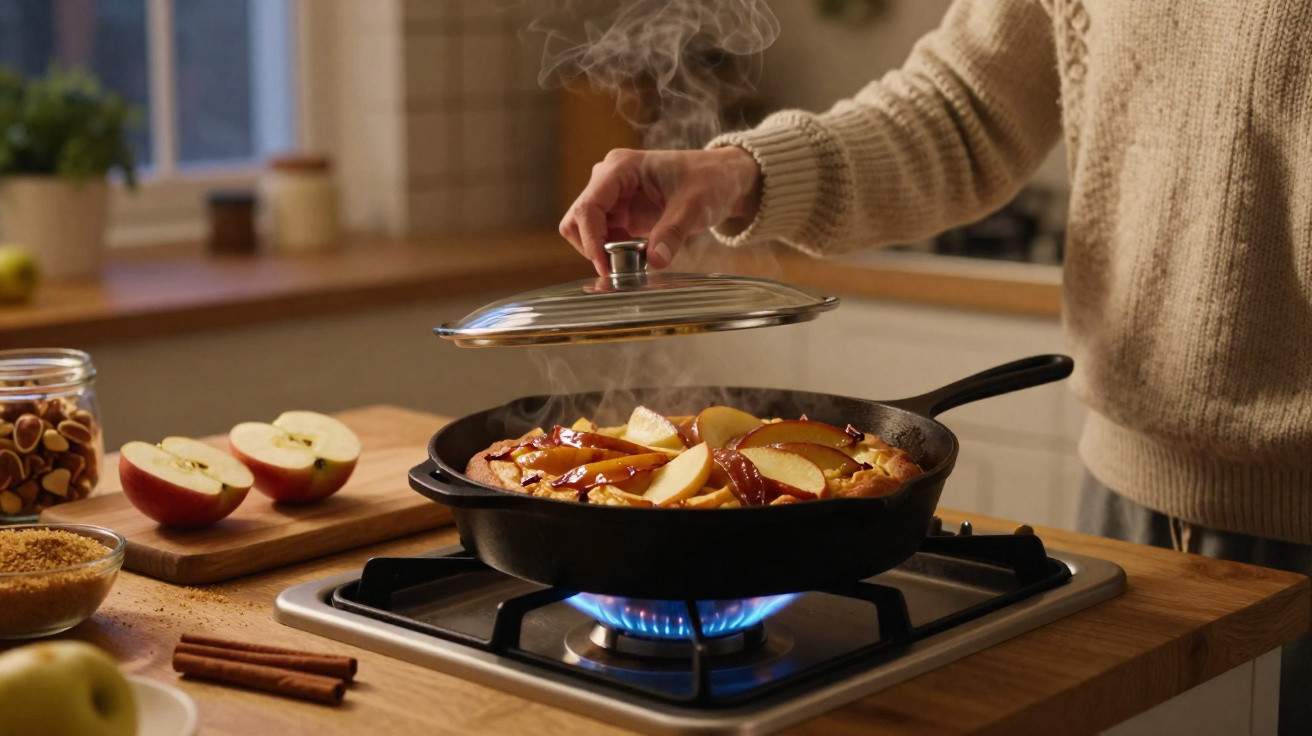 Pessoa a levantar a tampa de frigideira com sobremesa quente de maçã a cozinhar no fogão a gás.