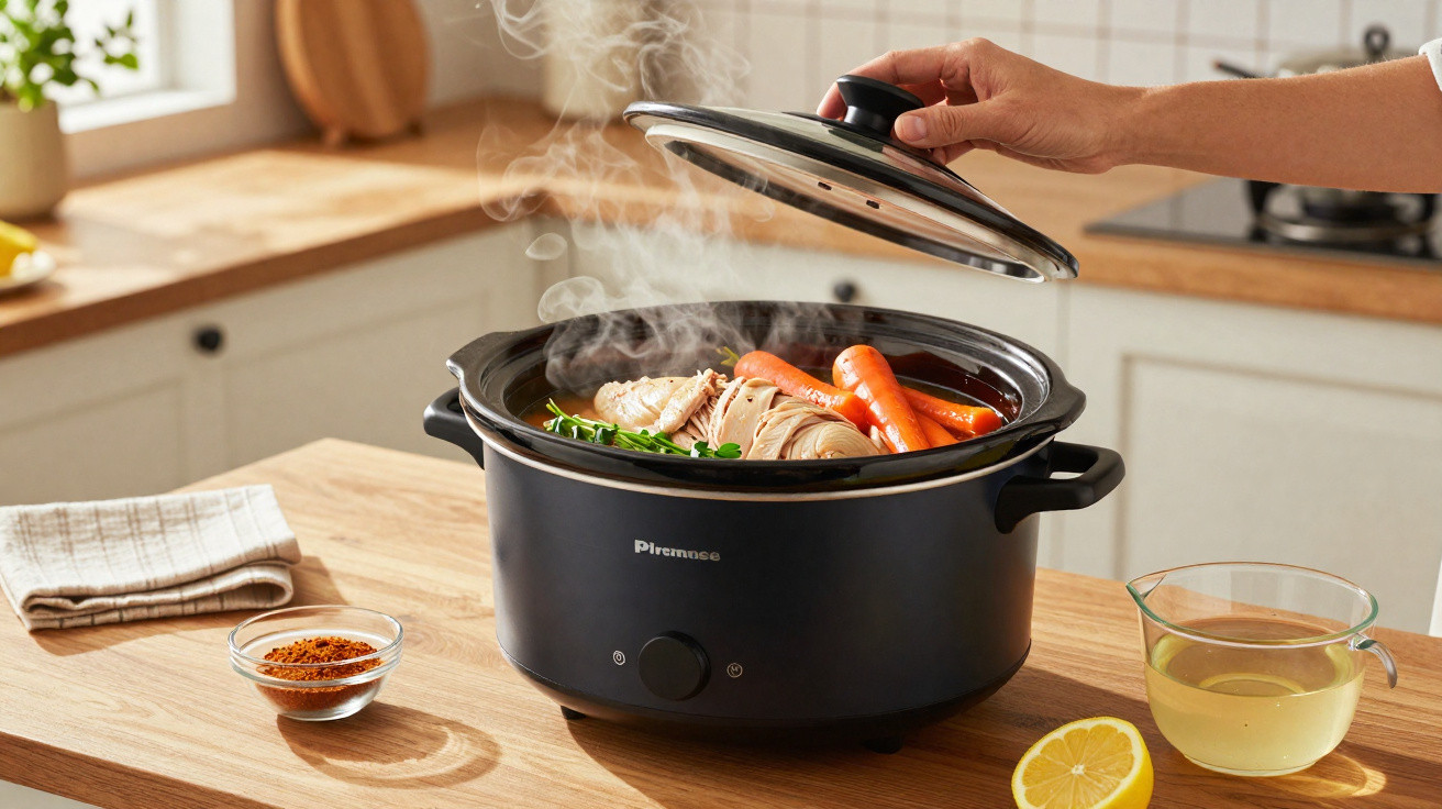 Mãos a abrir uma panela lenta com frango, cenouras e legumes a cozinhar na cozinha iluminada.