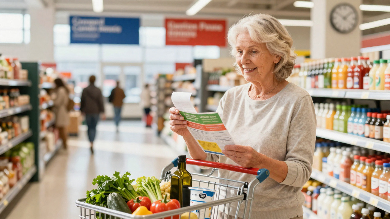 Mulher idosa a consultar lista de compras enquanto empurra carrinho cheio de legumes e produtos num supermercado.
