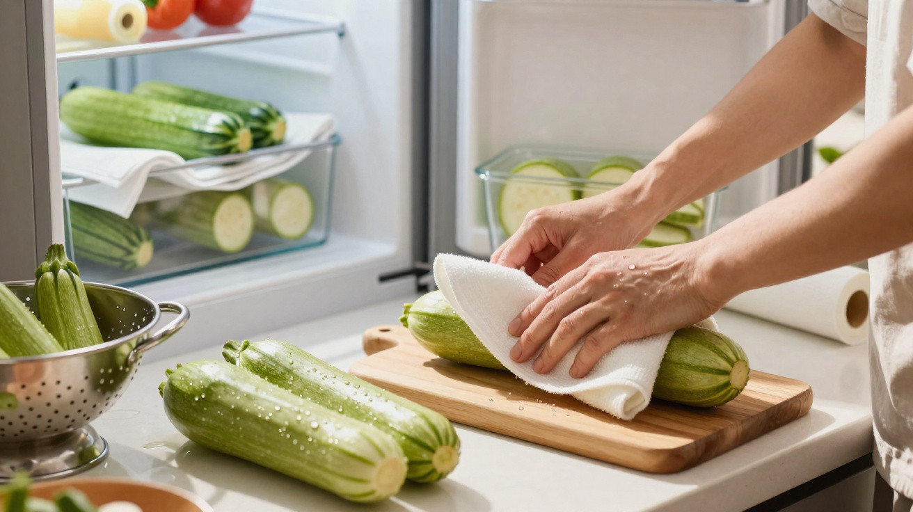 Mãos a secar curgetes frescas com um pano na cozinha junto ao frigorífico aberto com legumes dentro.