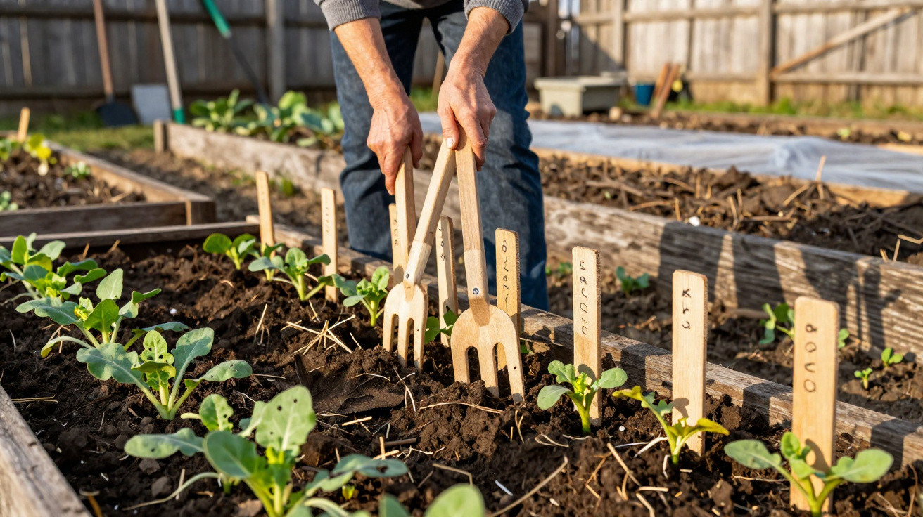 Pessoa a cuidar de plantas jovens numa horta com ferramentas de madeira e etiquetas a identificar as culturas.