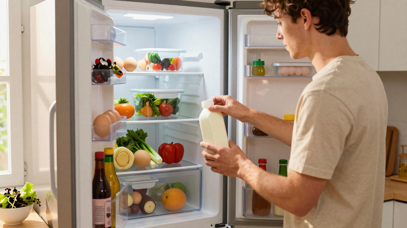 Homem a retirar garrafa de leite do frigorífico com legumes e frutas organizados na cozinha.