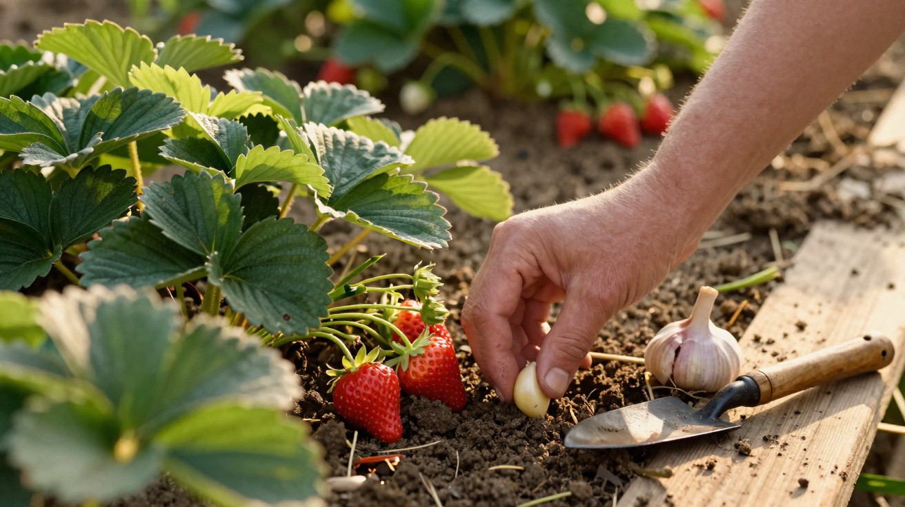 Mão a plantar alho na terra junto a morangueiros com morangos vermelhos maduros e uma pequena enxada.