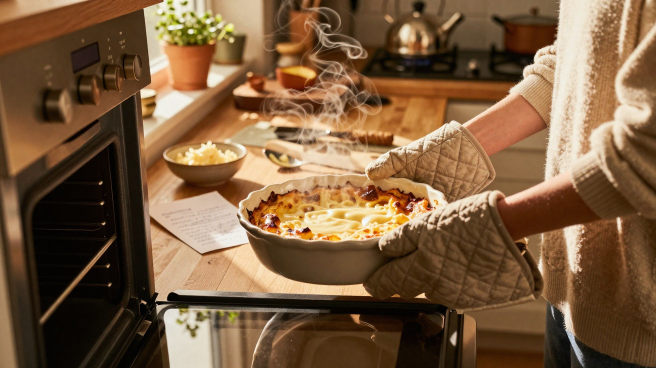 Pessoa a retirar lasanha fumegante do forno com luvas de cozinha na cozinha iluminada pelo sol.