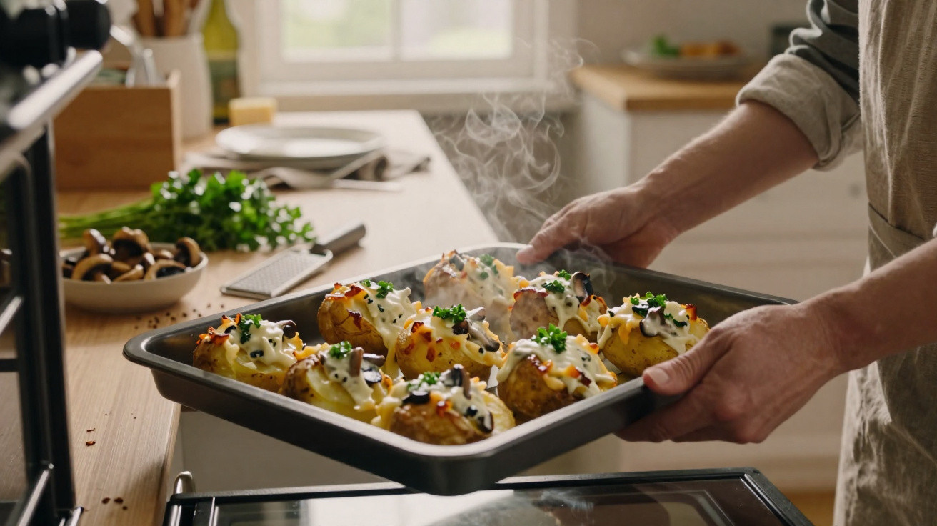 Pessoa a tirar do forno tabuleiro com batatas recheadas, queijo derretido e salsa na cozinha.