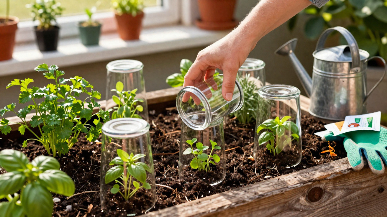 Mão a levantar copo de vidro que protege pequenas plantas numa caixa de madeira num jardim interior.
