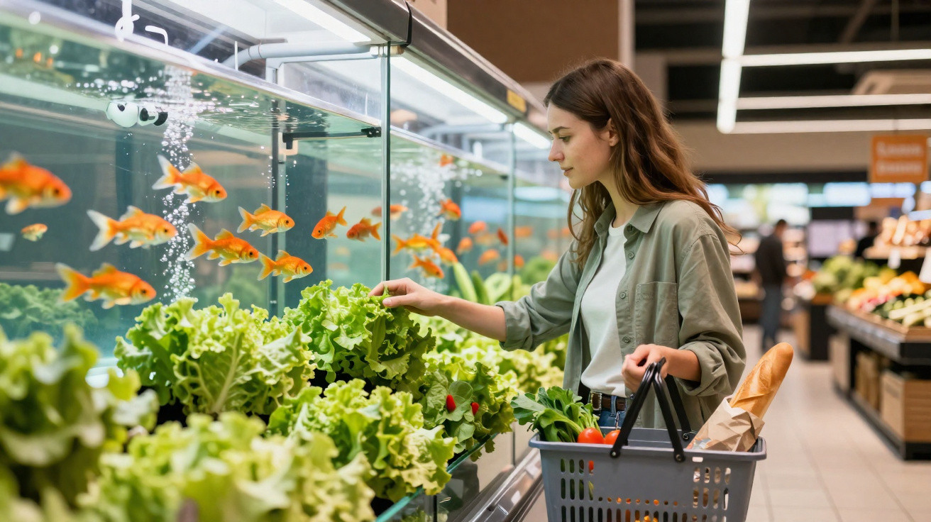 Mulher com cesto de compras observa e apanha alfaces frescas na secção de legumes do supermercado.