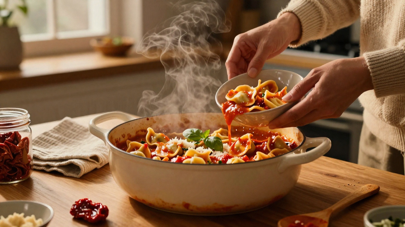 Pessoa a servir tortellini com molho de tomate fumegante numa panela branca na cozinha.