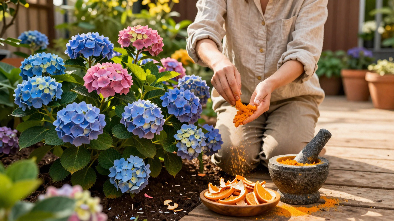 Pessoa a esmagar cúrcuma em pó em tigela junto a flores hortênsias azuis e rosas num jardim.